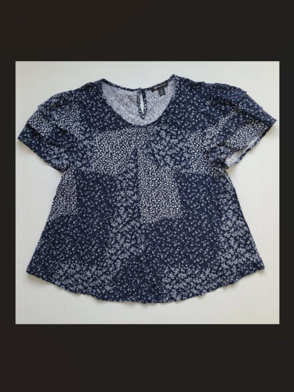Patchwork Navy Blue Floral Top M Boho Lightweight Tiered Short Sleeve Casual